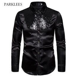 black Men's Luxury Sequin Glitter Shirt Purple New Silk Satin Chemise Homme Night Club Stage Disco Party Shirts Camisas Masculina - Color: black