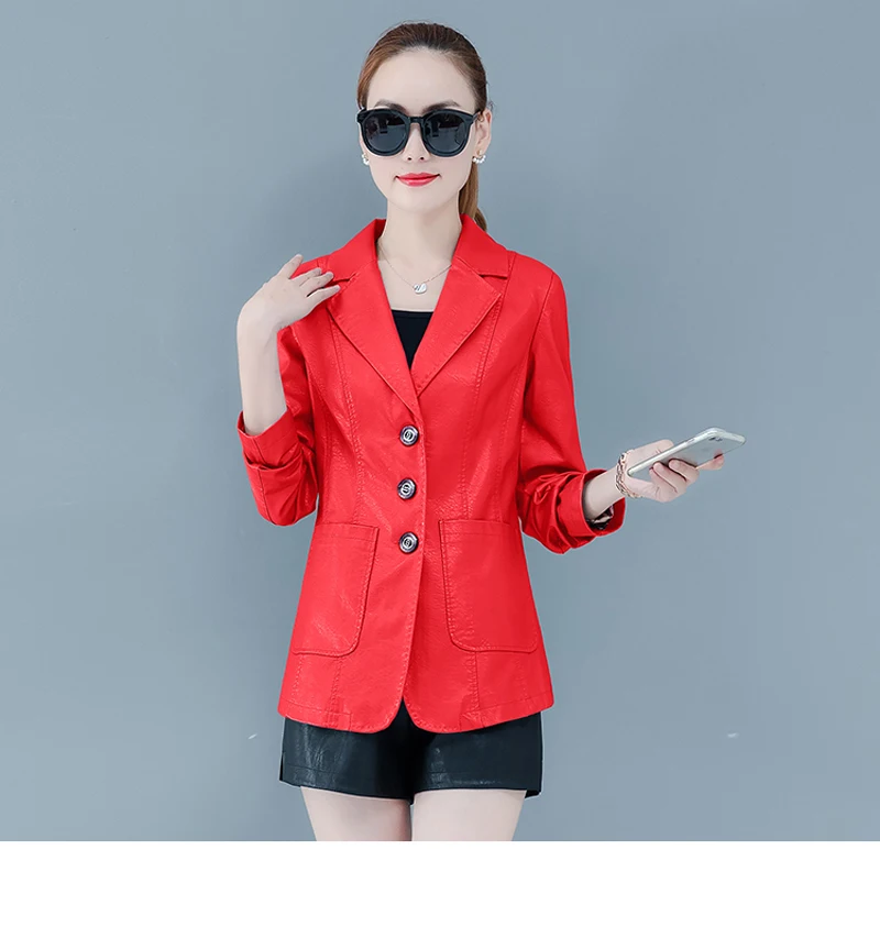 Lucyever/большие размеры; женская куртка из искусственной кожи; модная Осенняя Корейская тонкая искусственная кожа; пальто; однобортная красная куртка с отложным воротником