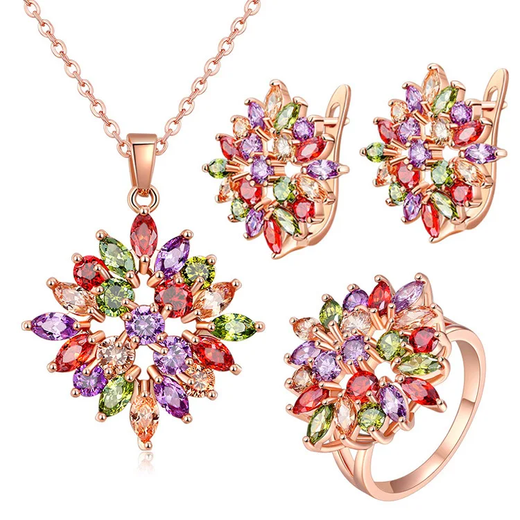 

Joseph Europe And America Rose Gold Zircon Set Colorful Zircon Crystal Earrings Necklace Ring