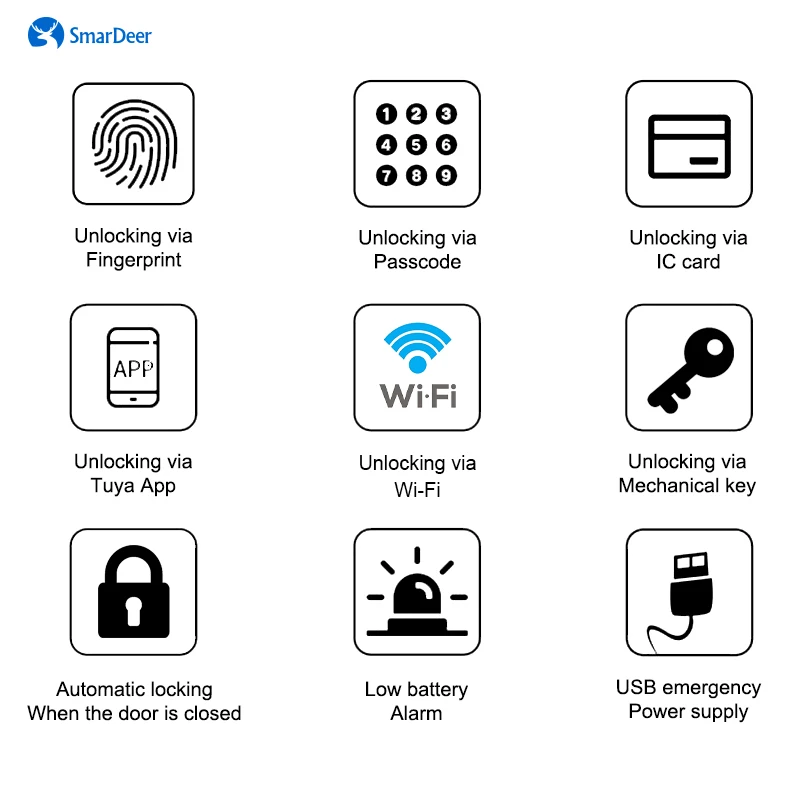 SmarDeer Electronic Lock for Tuya Smart Door Lock with WiFi Fingerprint/smart card/password/key/App unlock Keyless entry access control systems