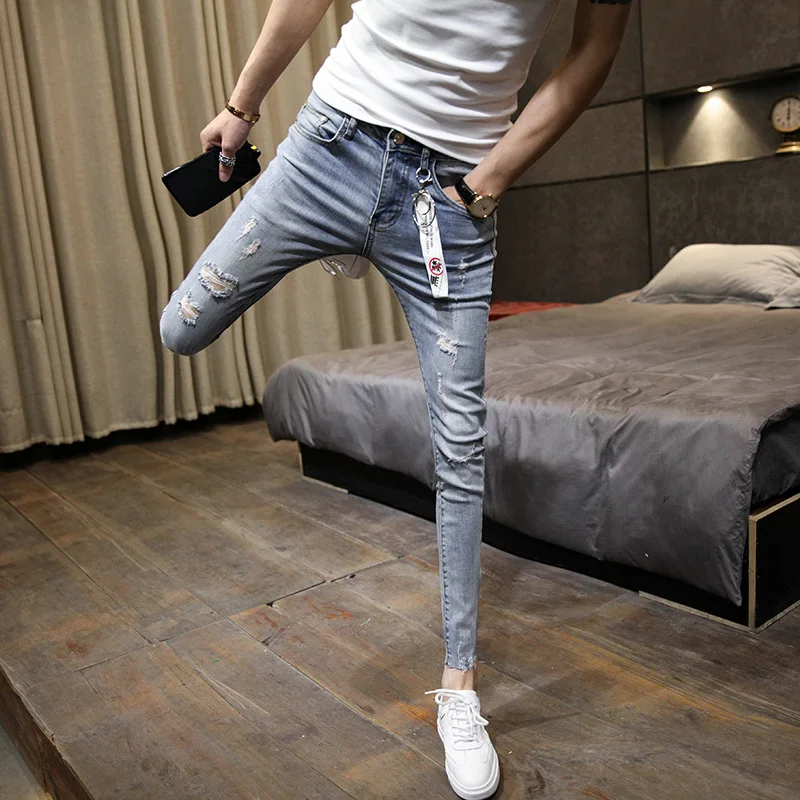 HOT 2020 Summer autumn thin elastic ripped hole skinny jeans men young students cowboy ankle length pants hombre casual trousers HOT 2020 Summer autumn thin elastic ripped hole skinny jeans men young students cowboy ankle length pants hombre casual trousers