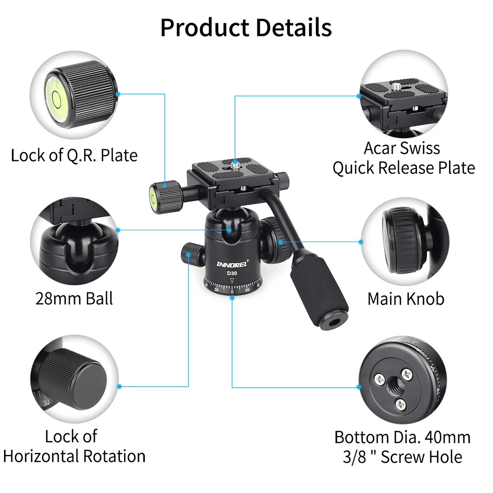Tripod Ball Head INNOREL D30 portable tripod head comes with a panoramic ball head with a detachable handle. For digital SLR cameras Camera Panoramic Head