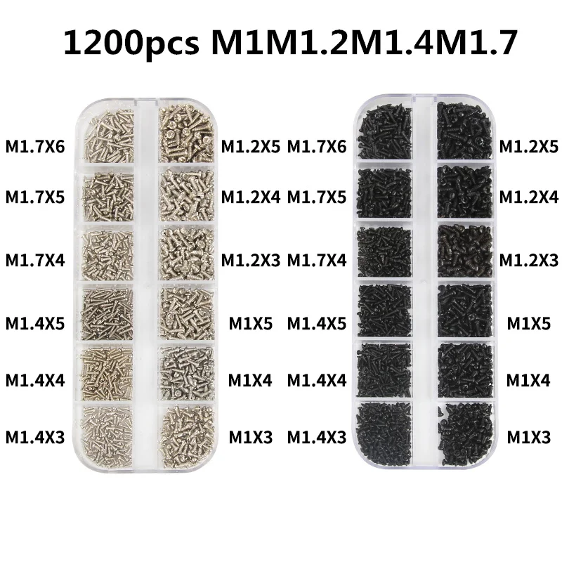 Ассорти микро винты для очков 1200 шт./компл. M1 M1.2 M1.4 M1.7 с круглой головкой саморезы электронные маленькие шурупы по дереву комплект