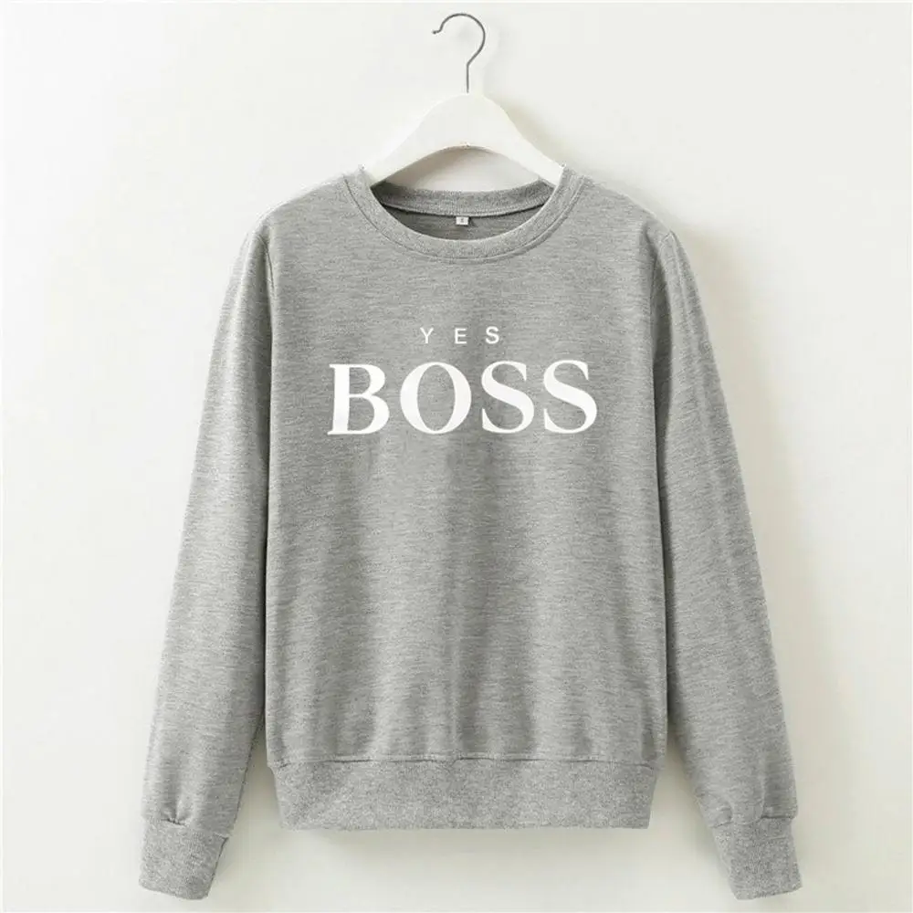 Для женщин свитера Дамские повседневные надпись "БОСС" балахон пуловер с длинными рукавами, Топы, Пуловеры Sudadera Mujer - Цвет: Серый
