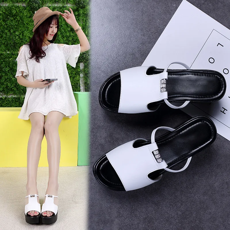 

New Style Summer Genuine Leather Casual Korean-style Thick Bottomed Extra High A- line Casual Korean-style Sandals WOMEN'S Shoes