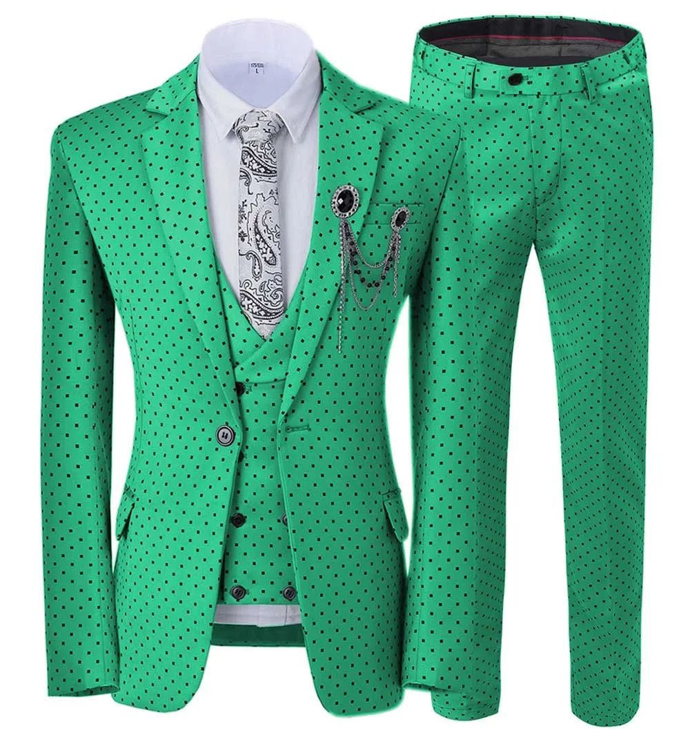 Мужские костюмы с волнистыми точками из трех частей, мужские вечерние костюмы, повседневные деловые костюмы для путешествий на свадьбу(Блейзер+ жилет+ брюки - Цвет: Green