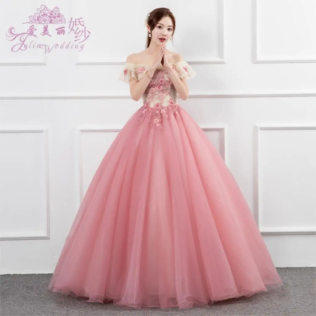 Розовые бальные платья Милая Тюль с кружевным жемчугом Vestidos De 15 Anos сладкий 16 платья Бальные вниз платья выпускного вечера