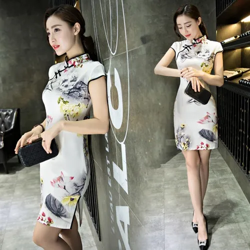 

2019 New Style Improved Cheongsam Dress Often Slim Fit Large Size Cheongsam Skirt Printed Short Cheongsam