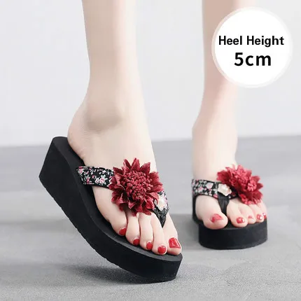 Летние шлепанцы для женщин; пляжная обувь на высоком каблуке для родителей и детей; женские летние шлепанцы в морском стиле; обувь принцессы с цветочным рисунком - Цвет: Black red flower 5