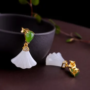 

selling fashionable silver plated silver earrings wholesale 925 sterling silver maple women's hetian jade earrings