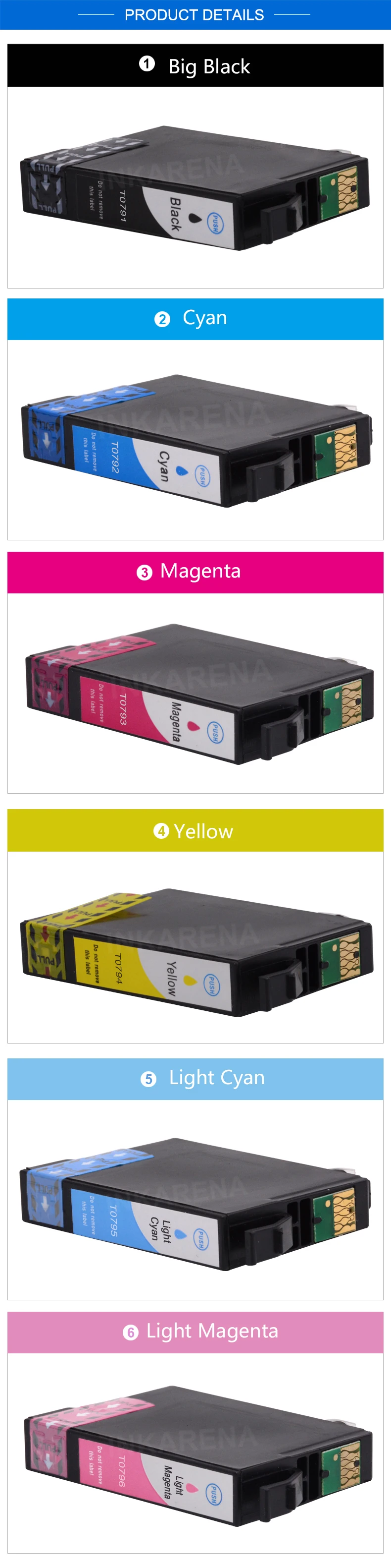 INKARENA T0791-T0796 полный чернил совместимый картридж с чернилами для принтера Epson Stylus Photo 660+ 700 Вт 710 720WD 730WD 800FW 810FW 820FWD 830FWD