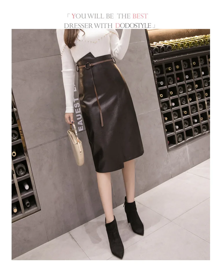 autumn winter bodycon skirt leather women fashion high waist ladies work skirts pu leather tutu faldas elegant skirt