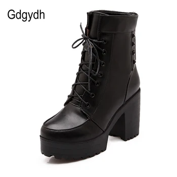 

Gdgydh Ankle Strap Rivets Women Boots Solid Black Punk Style Female Short Boots Two-pieces Lace Up Ladies Shoes Plus size 34-43