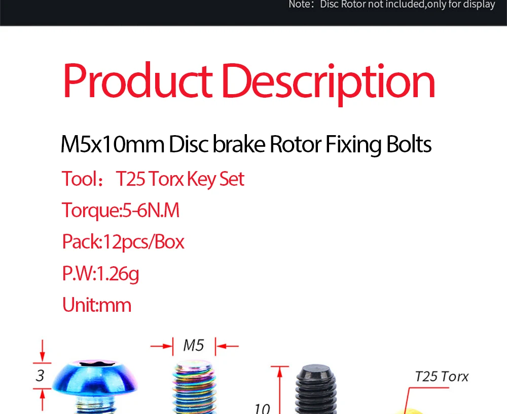 RISK 12Pcs M5x10MM Bicycle Disc Brake Rotor Fixing Bolts TC4 Titanium Bicycle MTB Road Bike Ultralight Brake Screw Cycling Acces