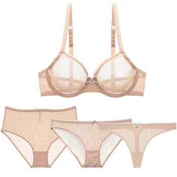 Varsbaby sexy transparent underwear set 4pcs bras+panties+thongs+high waist briefs for women 2