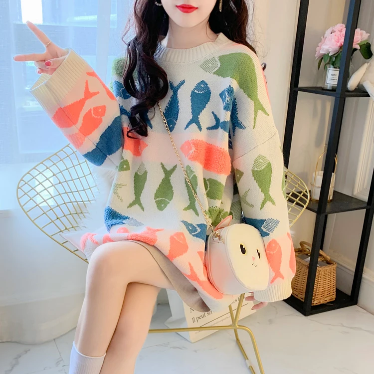 2020 outono nova camisola de malha feminina solta versao coreana moda pequeno peixe bordado malha pulover