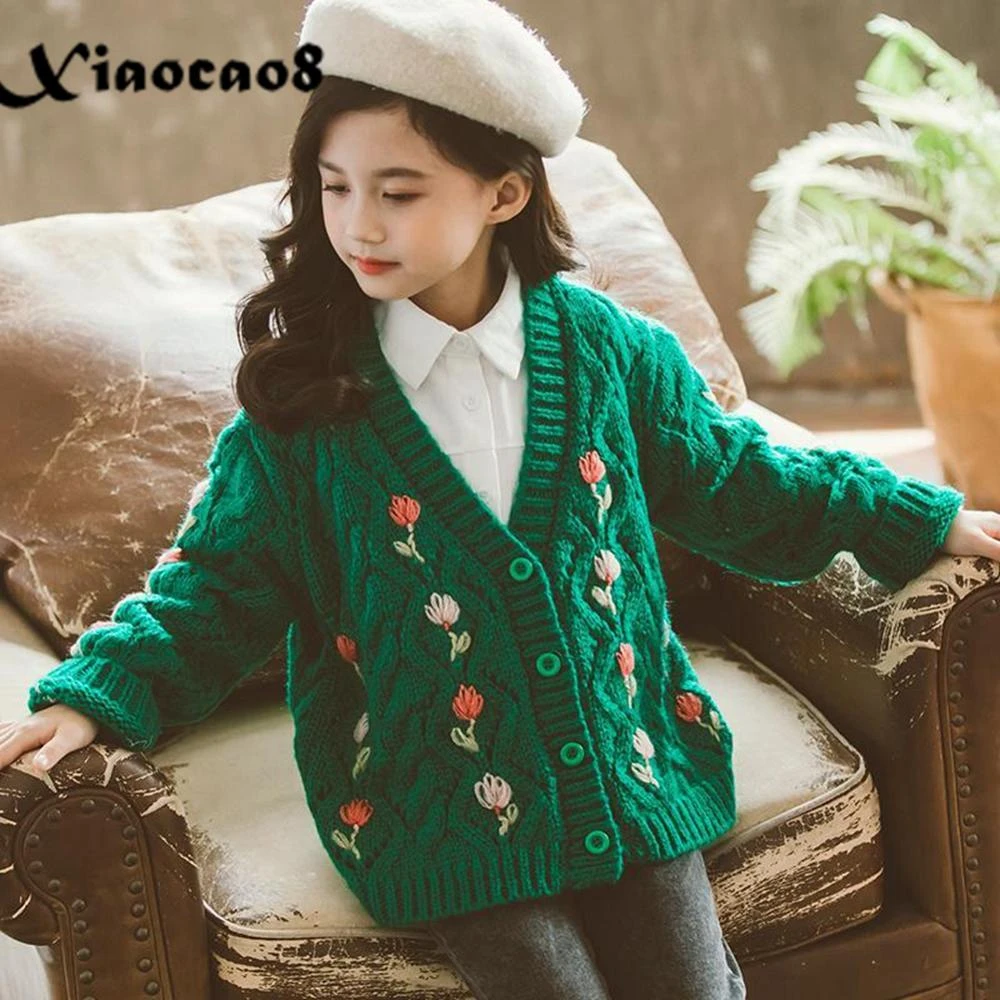 Suéter de punto grueso con cuello en V para Chaqueta con botones, abrigo cálido Floral para otoño e invierno, prendas de vestir para niños de 8, 10, 12 y 14 años|Chaquetas