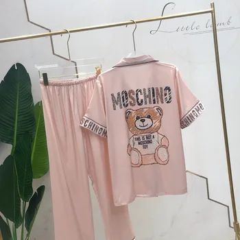 

Cute Cartoon Sleepwear Bear Sweet Girl Cosplay Pajama Pijama Loose Satin Home Wear 2 Piece Shirt&Pant Lingerie Rayon Sleep Set