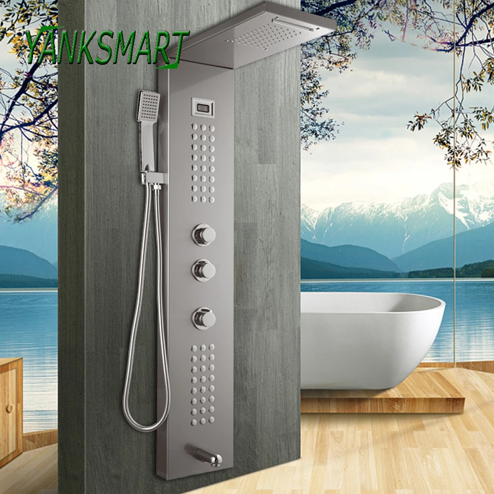 Yanksmart Kamar Mandi Hujan Shower Panel Brushed Nikel Shower Column  Bathtub Jest Hand Shower Faucet Wall Mounted Mixer Keran