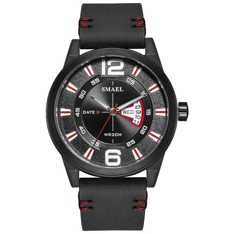 Black Relogio masculino, мужские часы с кожаным ремешком, SMAEL, мужские роскошные часы с автоматическим отображением недели и даты, SL-9106Waterproof, кварцевые часы - Цвет: Black