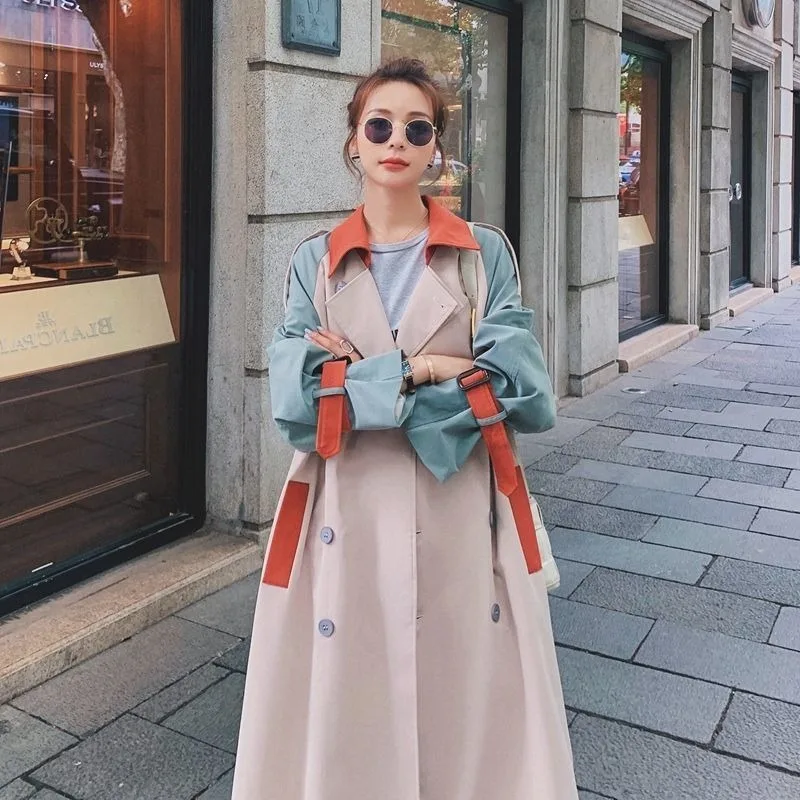 

Color Matching Long and Short Windbreaker New High-end Color Contrast Coat Female Korean Version Loose Coats for Women