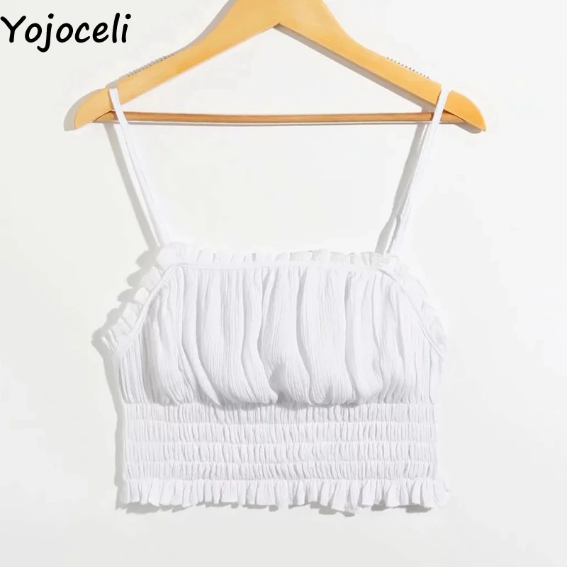 Белый Yojoceli, сексуальные, с рюшами, Короткие Топики, женские, летние, элегантные, крутые, топы, женские, хлопок, ремень, белый топ на бретелях - Цвет: Белый