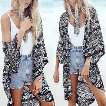 

Boho Summer Beach Women Elephant Print Half Sleeve Open Front Kimonos Cardigan Open Front Kimonos Cardigan Summer Beach Women