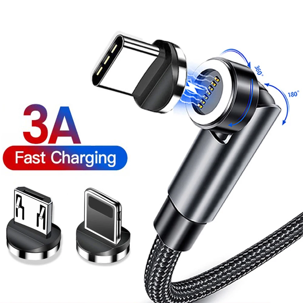 Fast Charging 3A  540 Degree Rotate Magnetic Charging Cable Type C Micro USB Cord Wire For Huawei P20 For iPhone Charging Cable android c type charger Cables
