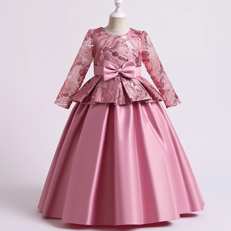 Girls Dress Satin Bowknot Printed For Flower Girl Party