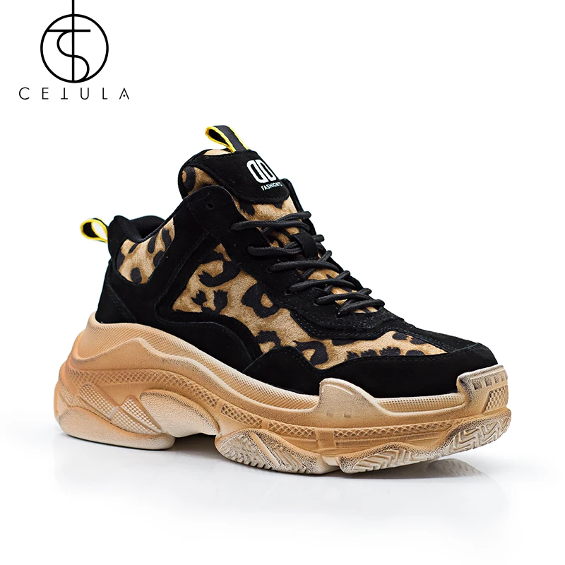 Cetula/женские кроссовки; обувь ручной работы на шнуровке; серия Urban Walk; леопардовый принт; спортивные кроссовки; обувь большого размера; подошва в стиле ретро - Цвет: CE2258-BK