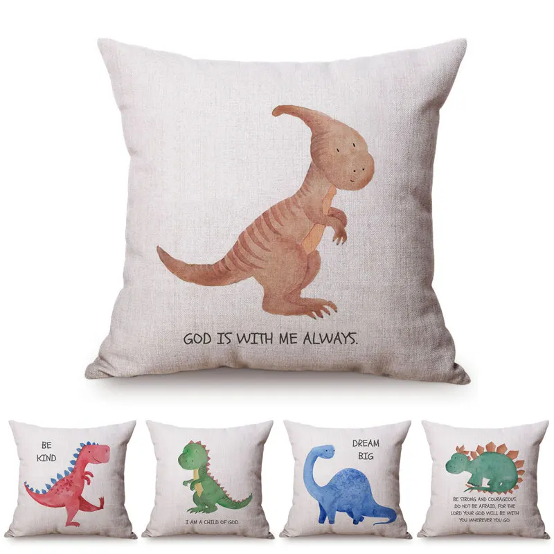 

Cute Dinosaur Nordic Watercolor Cartoon Painting Kid's Nursery Art Room Decoration Throw Pillow Case Cotton Linen Cushion Cover