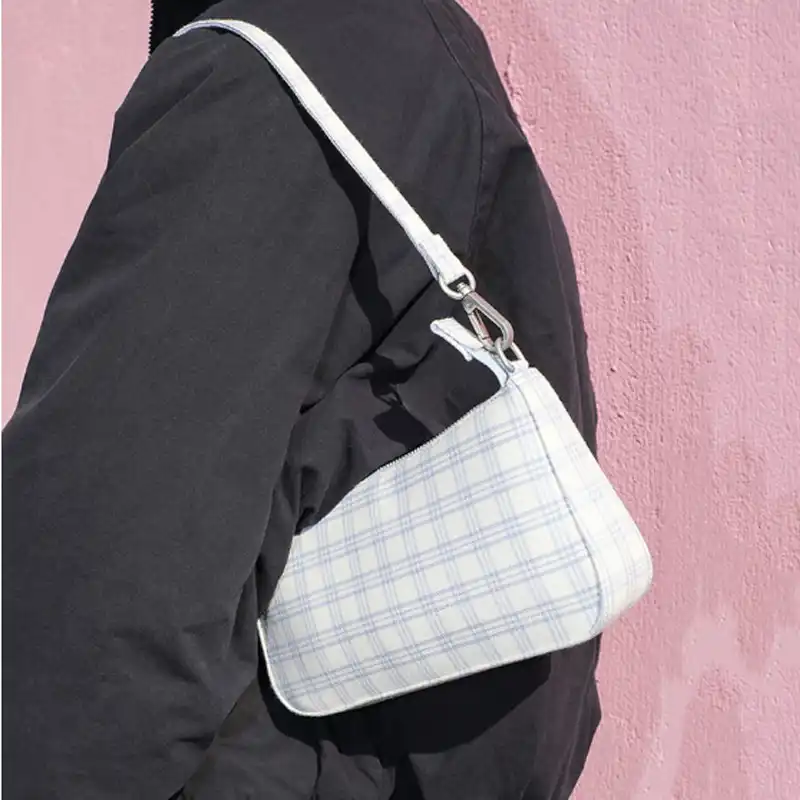 blue plaid purse
