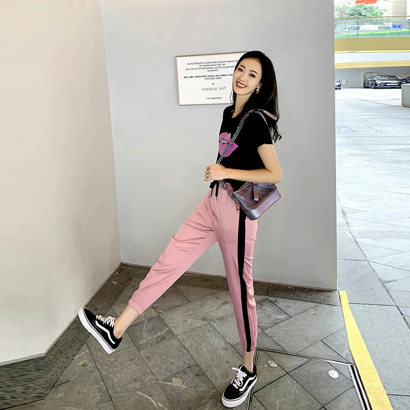 

WOMEN'S Dress 2019 Spring And Summer Popular Black, Short Sleeve T-shirt + Side Stripes Beam Leg Pink Casual Pants Set Fashion