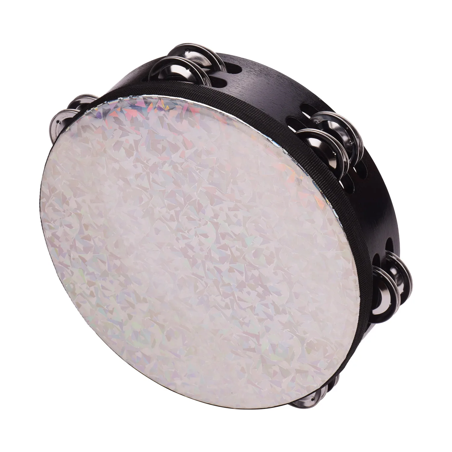 8/10 Inch Wooden Radiant Tambourine Handbell Hand Drum with Double Rows Jingles Shining Reflective Drum Head