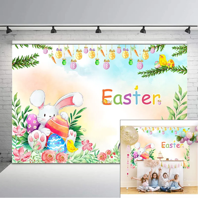 

Easter Eggs Backdrop Cute White Bunny Spring Party Photography Background Rabbit Green Leaf Dessert Table Decorations Banner