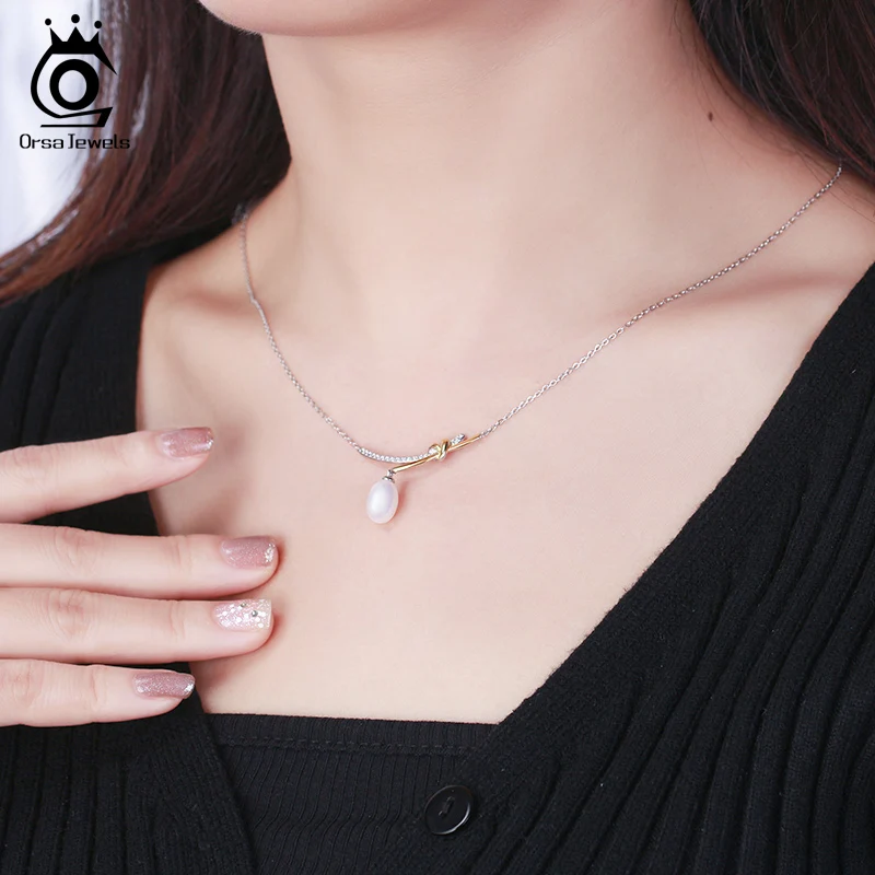 ORSA JEWELS 8*10mm White Natural Freshwater Pearl Pendants Necklaces 925 Silver Gold Plated Knot Zirconia Clavicle Chain GPN01 - Image 5