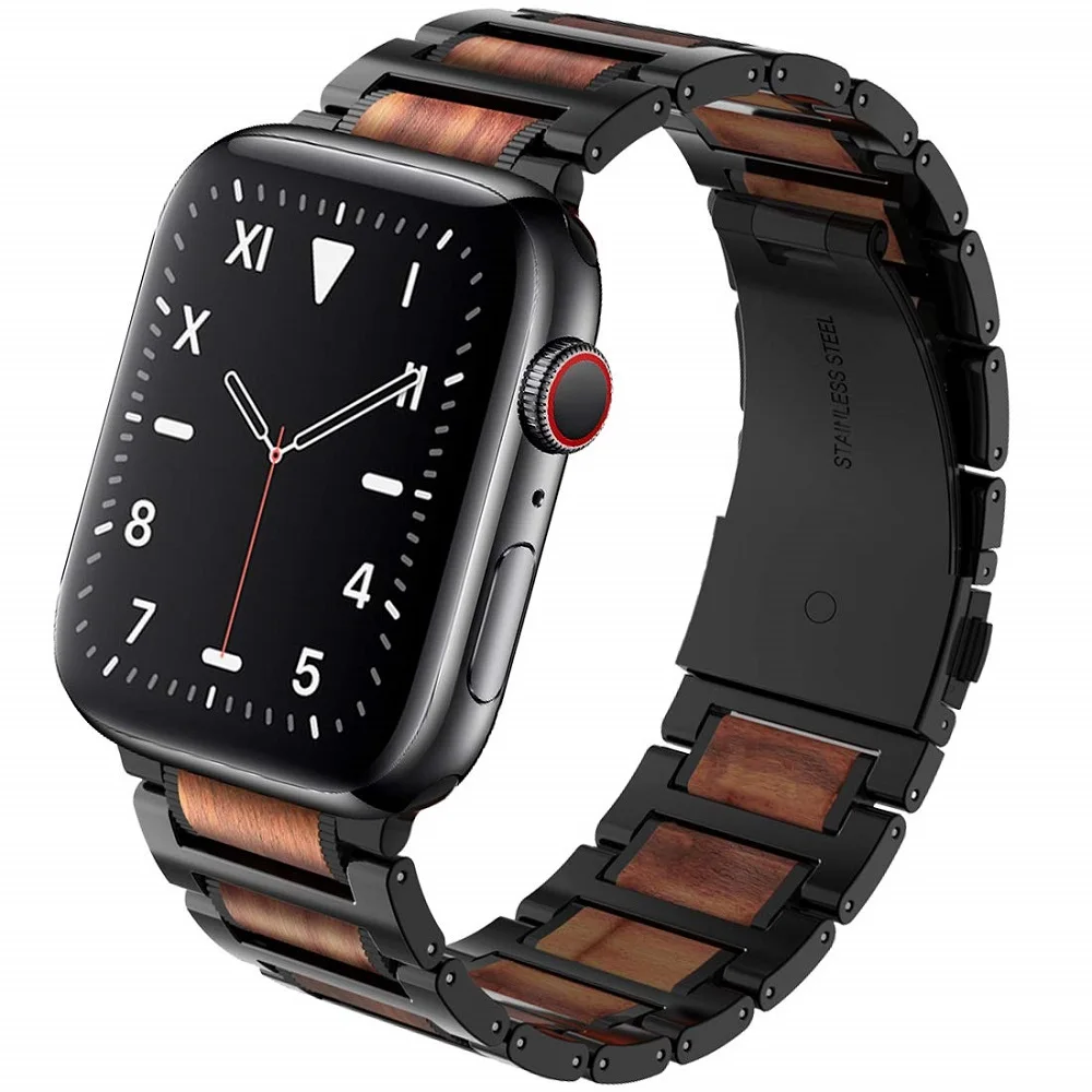 Wooden Watch Strap for apple watch band 42mm 44mm with Stainless Steel Butterfly Buckle Compatible for iWatch Series 1 2 3 4 5