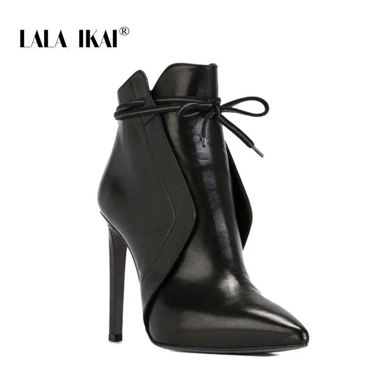 black LALA IKAI/ Черные ботильоны; женские туфли-лодочки на тонком каблуке; сезон осень-зима; женские ботинки с острым носком из искусственной кожи на шнуровке; XWA9481-4 - Цвет: black