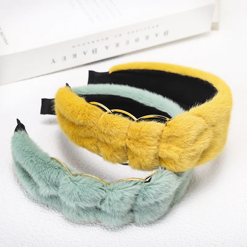 Fashion Gold Ring Jewel Bezel Rabbit Fur Hair Bands For Women Hair Clips Headband Girls Hair Accessories Hairpin opaska