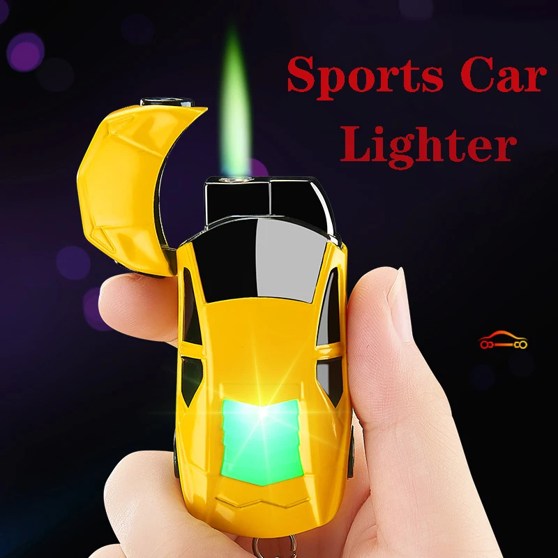 Creative sport car lighter gas inflate ignition with key buckle LED lights zinc alloy blue direct jet green flame smoking gift | Дом и сад