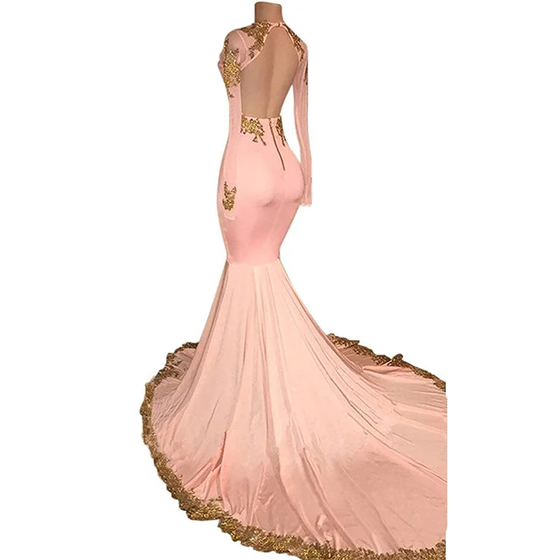 Women's White Long Sleeves Pink Prom Dress Gold Lace Appliques Mermaid Evening Dress Formal Party Dress abendkleider