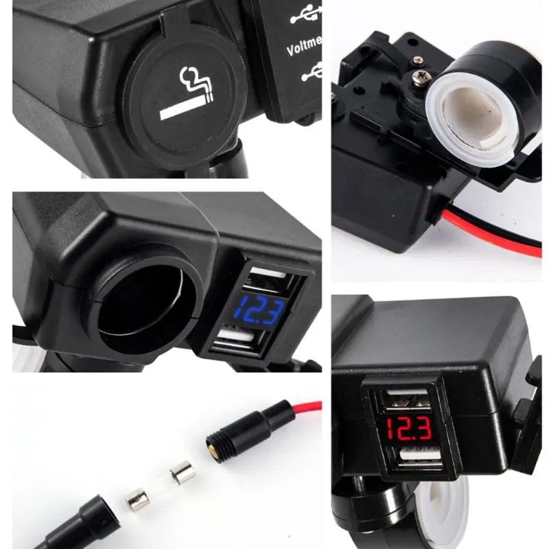 Прикуриватель для мотоциклов Руль Зеркало 5V 2.1A Dual USB Зарядное устройство вольтметр