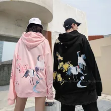 Толстовки в китайском стиле для женщин и мужчин; свитер с капюшоном в стиле Харадзюку с принтом журавля; свободные футболки; топы в стиле хип-хоп; футболки больших размеров; уличная одежда