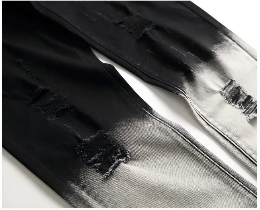 Men's Fashion Rose Embroidery Jeans Straight Fit Ripped Hole Stretch Denim Pants For Man Contrast Color Black Casual Trousers