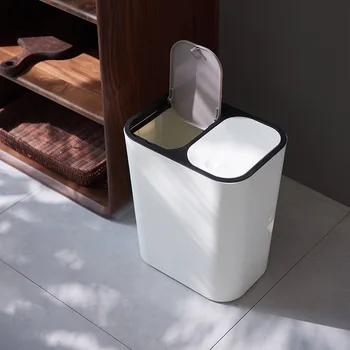 

Home Fashion Home Kitchen Trash Bin Double Bucket Corner Garbage Can Round Plastic Bathroom Dustbin Recycle Bin Press Open Cover