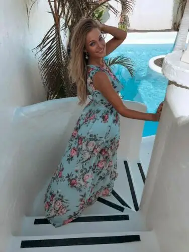 

Women Casual Dress Blue Floral Printed Long Dress Deep V-neck Summer Beach Evening Party Sundress Sleeveless Dresses Beach Wear