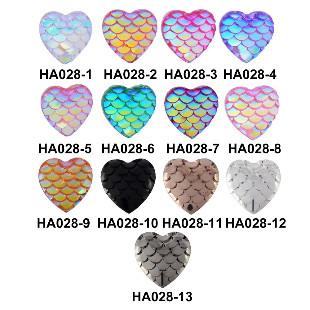 

100pcs 12mm Resin Cabochons for Making Hairpins, Earstuds and rings, Heart with Mermaid Fish Scale, Size: about 12x12x3mm