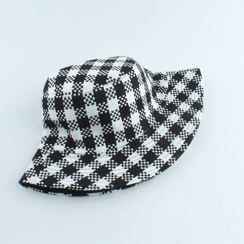 New Plaid Embroidery White Black Bucket Hat Reversible Fishing Caps Autumn Hats For Women Men Embroidery Fisherman Hat