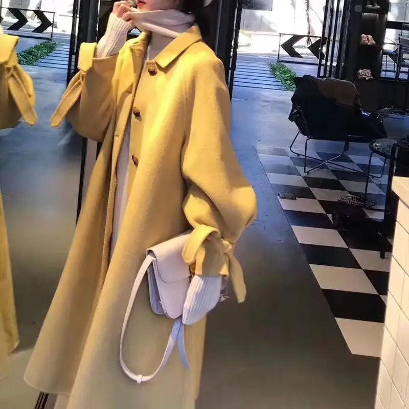 New Autumn and Winter Turn Down Collar Single-Breasted Long Women double-sided wool Solid color with belt coat Coat