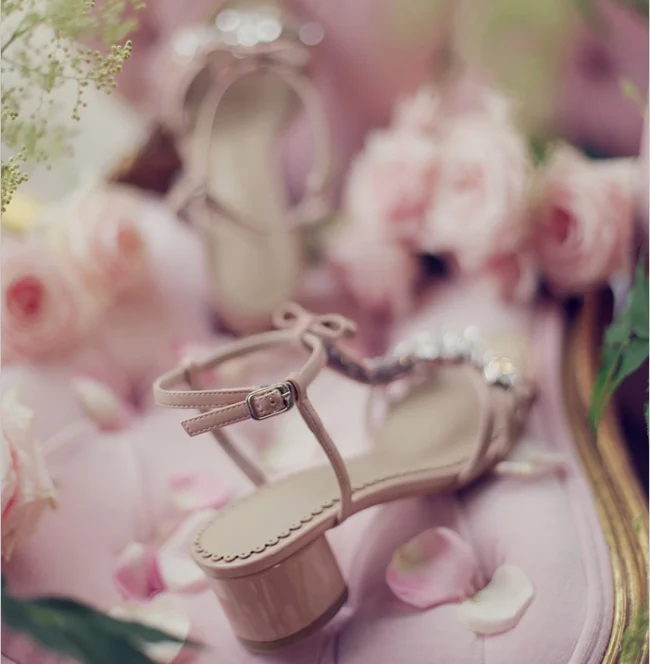 Wedding Flats Bride Flat Bridal Bow Knote Mary Jane Shoes Peep Toe Women Ladies Rhinestone Pink Chunky Sandals Elegant Luxury
